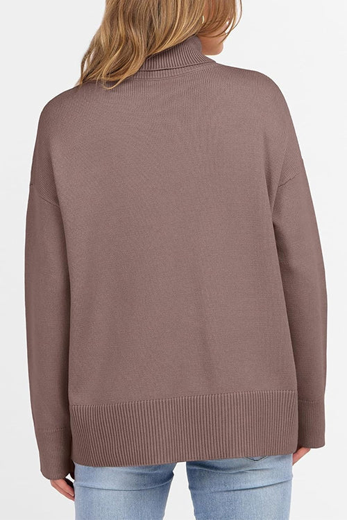 Karleedress High Neck Drop Shoulder Ribbed Hem Comfy Sweater