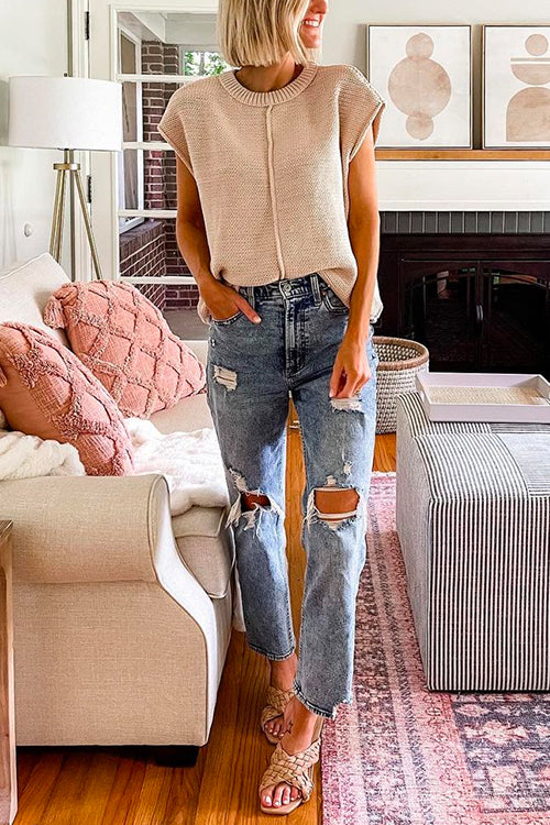 Karleedress Crewneck Cap Sleeves Pullover Sweater