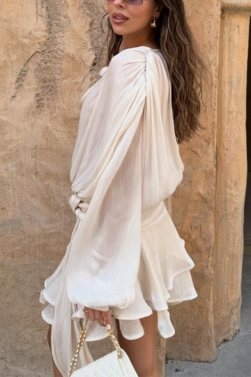 Karleedress Long Sleeves Lace-up Tie Waist Ruffle Mini Dress