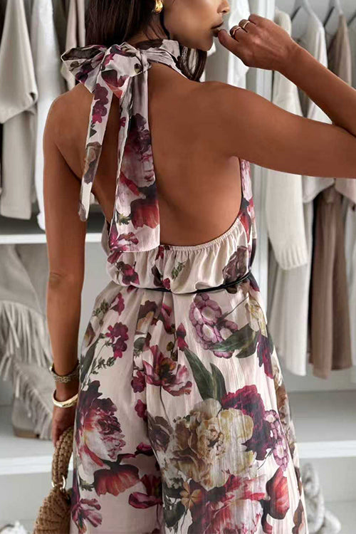 Halter Neck Backless Floral Print Palazzo Jumpsuit