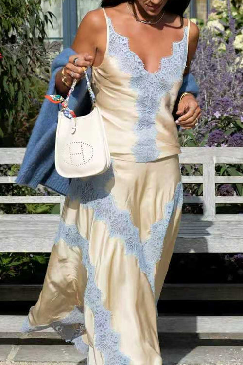 Karleedress Adjustable Strap V Neck Lace Trim Satin Top