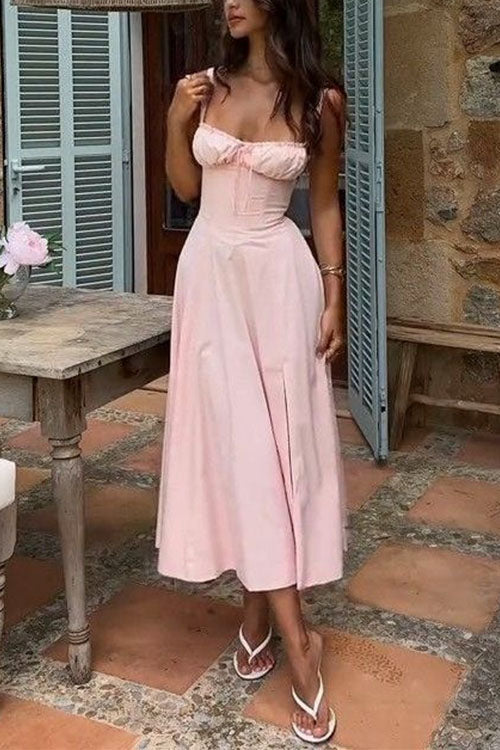 Karleedress Drawstring Neck Slit Bustier Midi Cami Dress