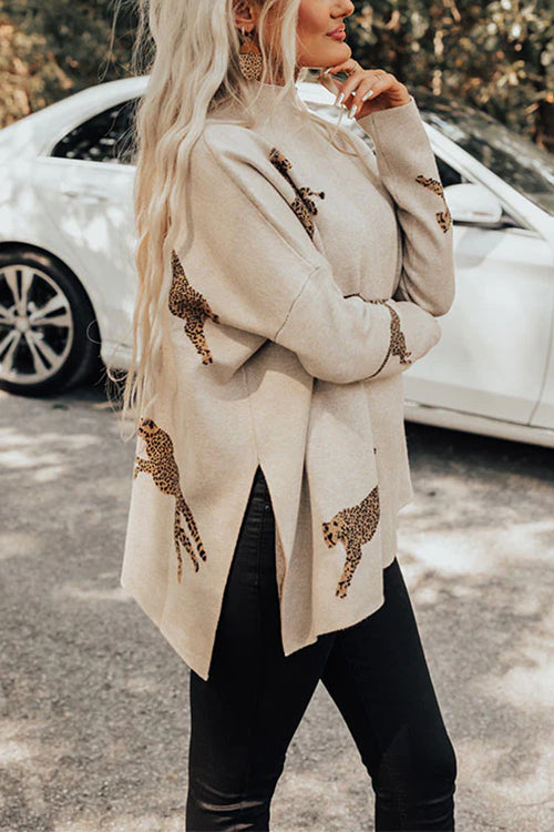 Karleedress High Neck Side Slit Cheetah Pattern Sweater