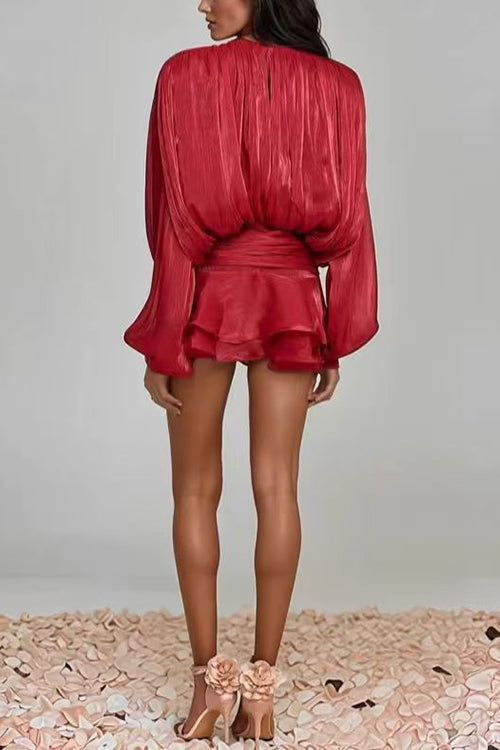 Karleedress Lantern Long Sleeves Draped Ruffle Layered Mini Dress with Shorts