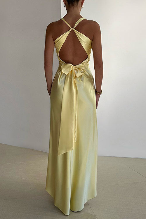 Karleedress V Neck Back Tie Bow Cut Out Satin Maxi Dress