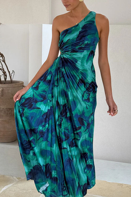 Karleedress One Shoulder Drawstring Cut Out Printed Maxi Pleated Dress