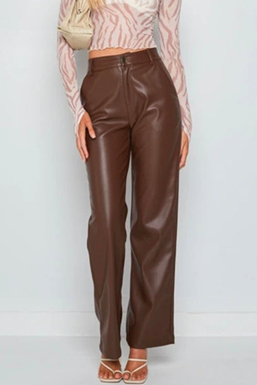Karleedress Faux Leather Straight Leg Trousers with Pockets