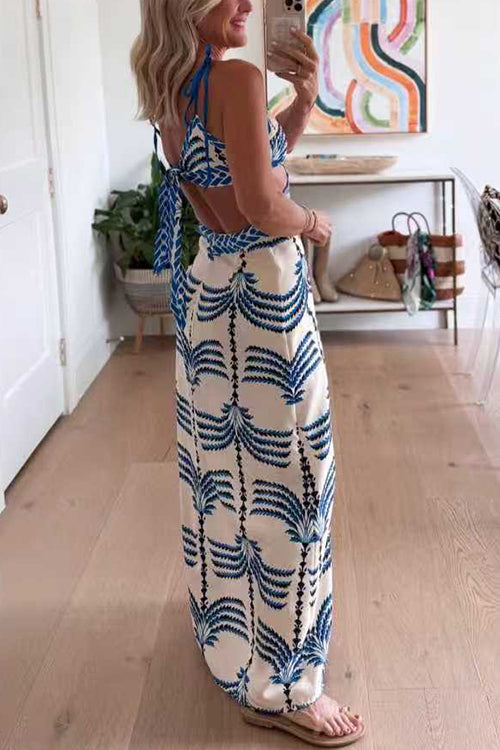 Karleedress Tie Shoulder Cut Out Waist Printed Maxi Dress