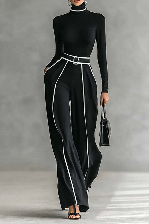 Karleedress Color Block High Neck Long Sleeves Top High Rise Wide Leg Pants Set