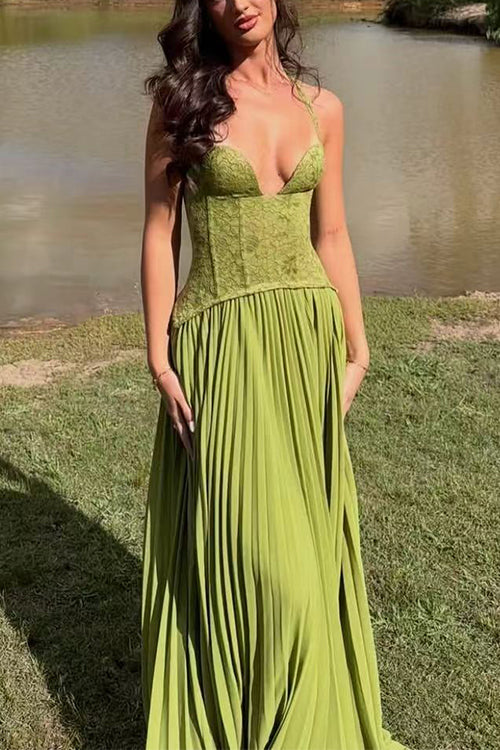Karleedress Halter Neck Back Lace-up Pleated Maxi Dress