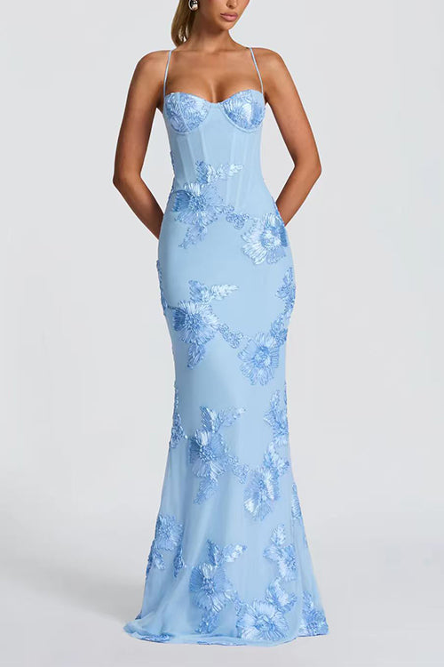 Karleedress Backless Lace-up Corset Flower Embroidery Maxi Cami Dress