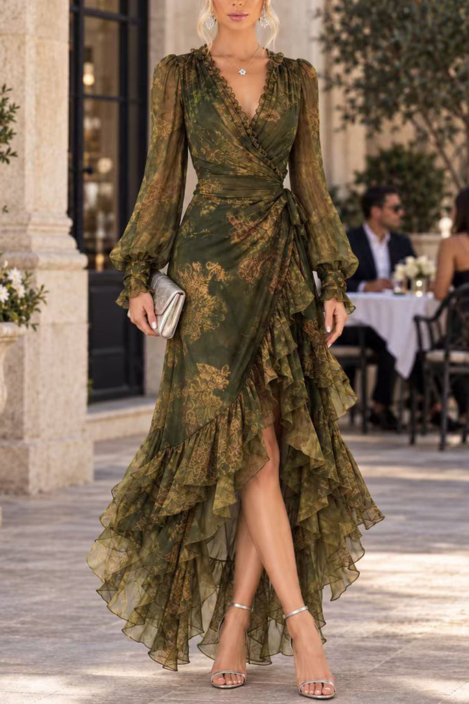 Karleedress V Neck Long Sleeves Printed Wraped Ruffle Maxi Dress