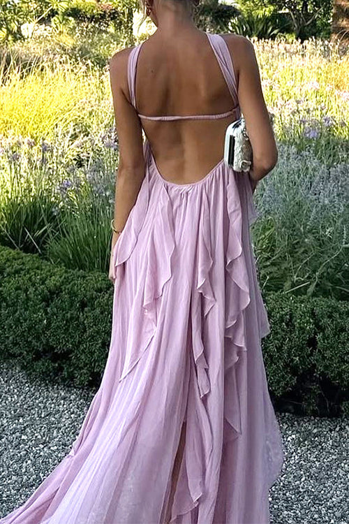 Karleedress Sleeveless Open Back Ruffle Trim Slit Maxi Dress