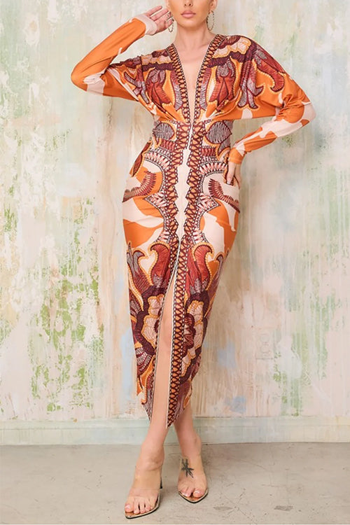 Karleedress V Neck Long Sleeves Ruched Slit Printed Midi Dress