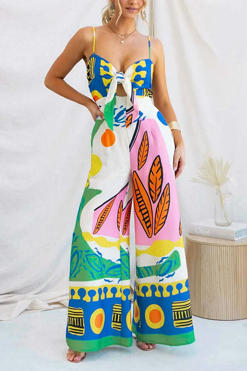 Karleedress Spaghetti Strap Cut Out Unique Print Wide Leg Jumpsuit