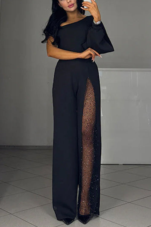 Karleedress One Shoulder Long Sleeve Patchwork Wide Leg Jumpsuit