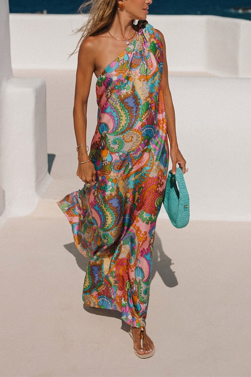 Tie Knot One Shoulder Unique Print Maxi Vacation Dress