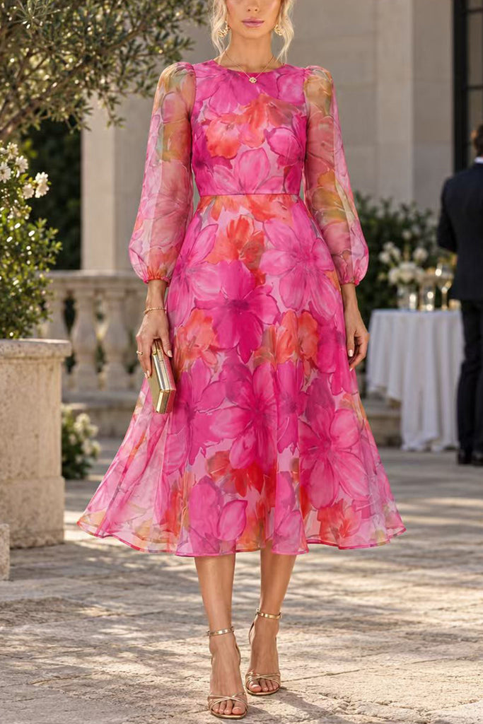 Karleedress Floral Print Long Sleeve A-Line Organza Midi Dress