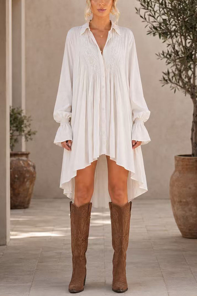 Karleedress Lapel Bell Long Sleeves High Low Hem Shirt Dress