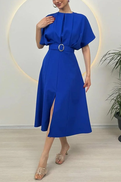 Karleedress Crewneck Short Sleeves Belted Slit Midi Dress