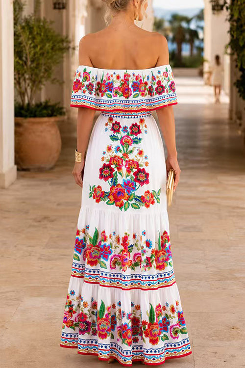 Karleedress Off Shoulder Floral Print Ruffle Maxi Dress