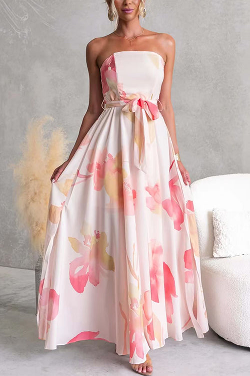 Strapless Tube Tie Waist Floral Print Maxi Dress