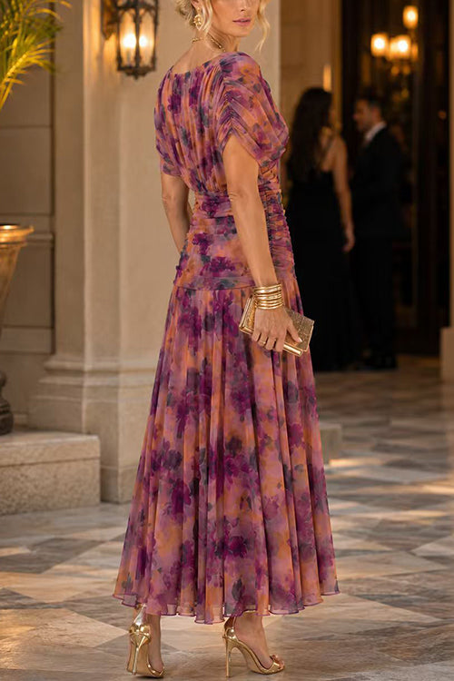 Karleedress V Neck Short Sleeves Floral Print Maxi Dress