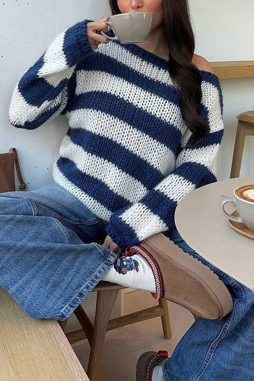 Karleedress Drop Shoulder Striped Casual Pullover Sweater