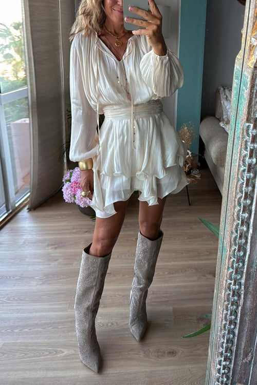 Karleedress Lantern Long Sleeves Waisted Ruffle Mini Dress