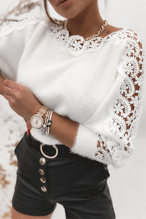 Karleedress Hollow Out Lace Splice Long Sleeves Knit Top