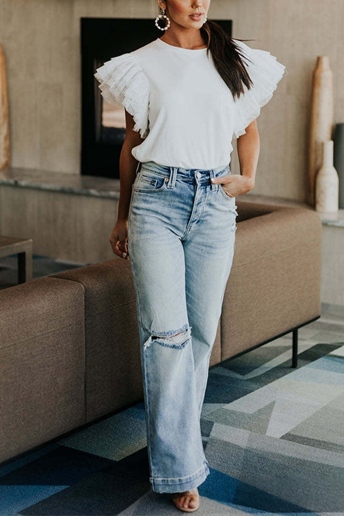 Karleedress Round Neck Polka Dot Ruffle Short Sleeves Top