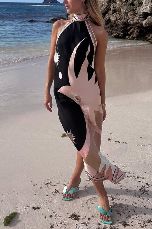 Karleedress Halter Neck Open Back Asymmetric Hem Printed Satin Midi Dress