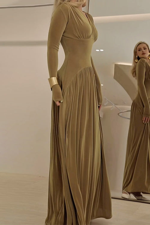 Karleedress V Neck Long Sleeves Waisted Velvet Maxi Dress