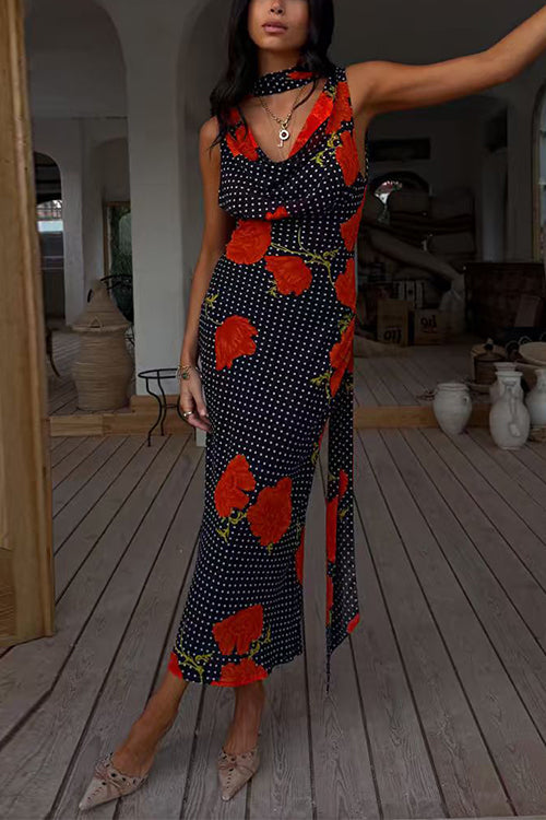 Karleedress Cowl Neck Backless Floral Print Maxi Dress with Scarf