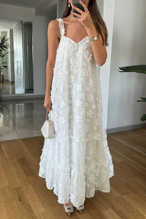 Karleedress V Neck Sleeveless Flower Applique Ruffle Maxi Dress