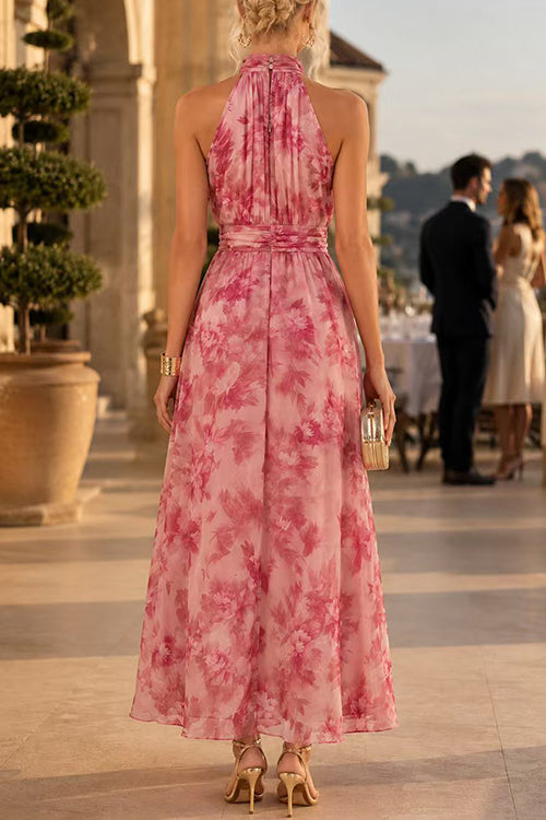 Karleedress Sleeveless Zipper Back Waisted Floral Print Maxi Dress