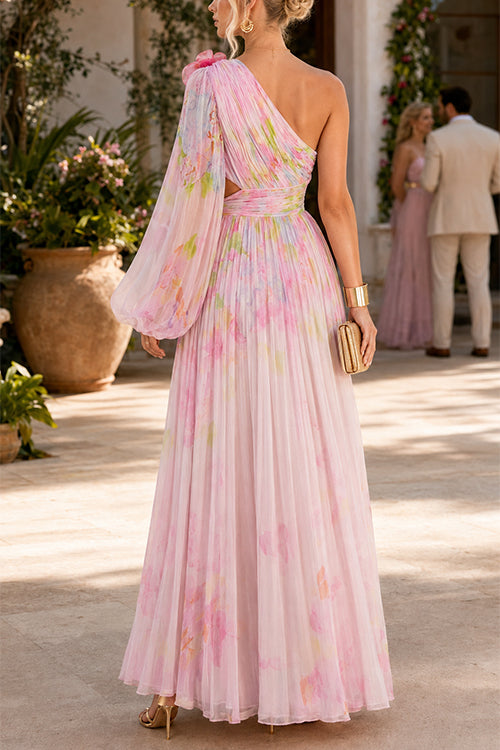 One Shoulder Puff Long Sleeve Cut Out Waist Printed Maxi Dress