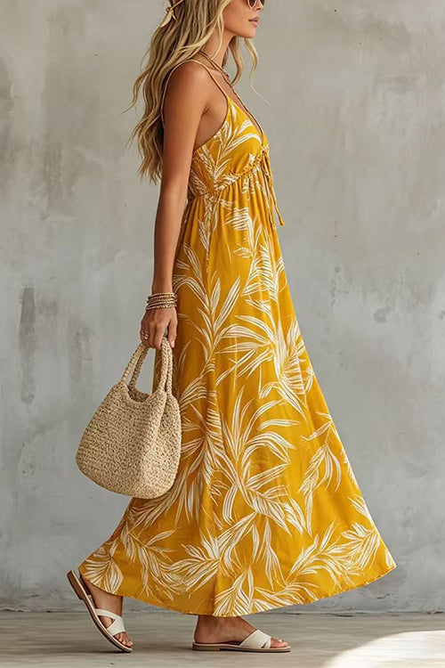 Karleedress Spaghetti Strap V Neck Printed Chiffon Maxi Dress