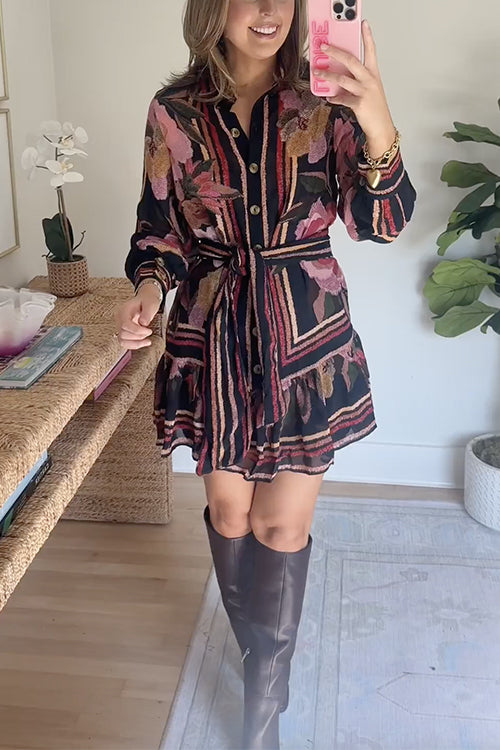 Long Sleeves Button Up Tie Waist Fioral Print Ruffle Mini Shirt Dress