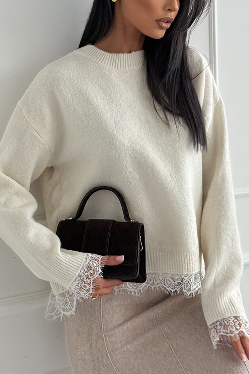 Crewneck Back Slit Lace Patchwork Sweater