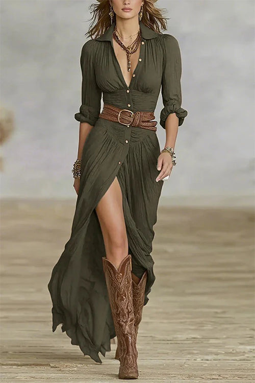 Karleedress Lapel V Neck Long Sleeves Button Up Slit Maxi Dress