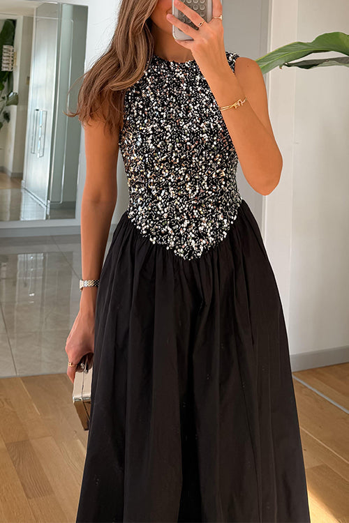 Karleedress Crewneck Sleeveless Glitter Sequin Splice Maxi Dress