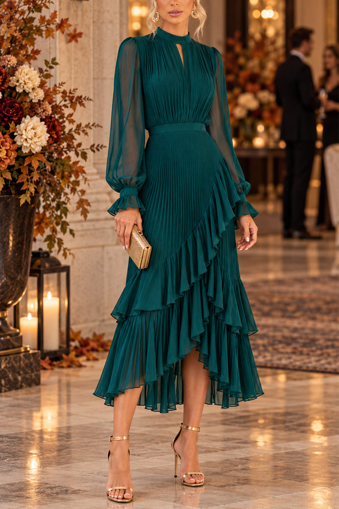 Karleedress Mock Neck Sheer Sleeve Pleated Ruffle High-Low Midi Dress (A)