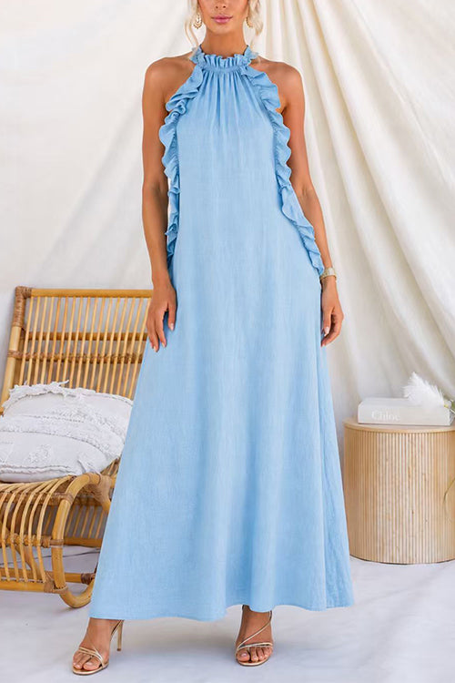 Karleedress Sleeveless Linen Blend Ruffle Pocketed Maxi Dress