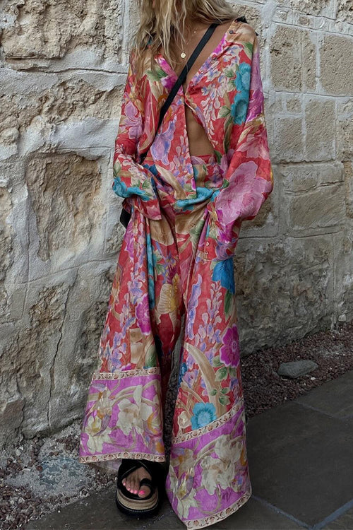 Karleedress Long Sleeves Button Up Shirt and Wide Leg Pants Floral Print Set
