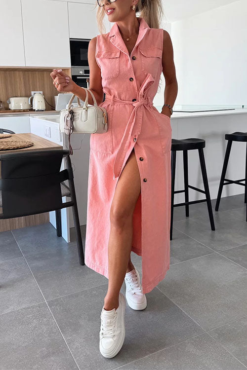 Karleedress Sleeveless Button Down Tie Waist Pocketed Denim Midi Dress