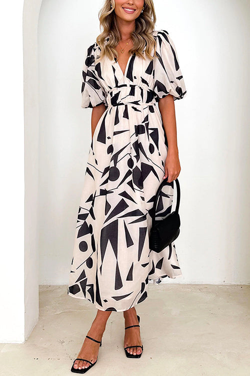 Karleedress V Neck Half Sleeves Waisted Printed Maxi Swing Dress