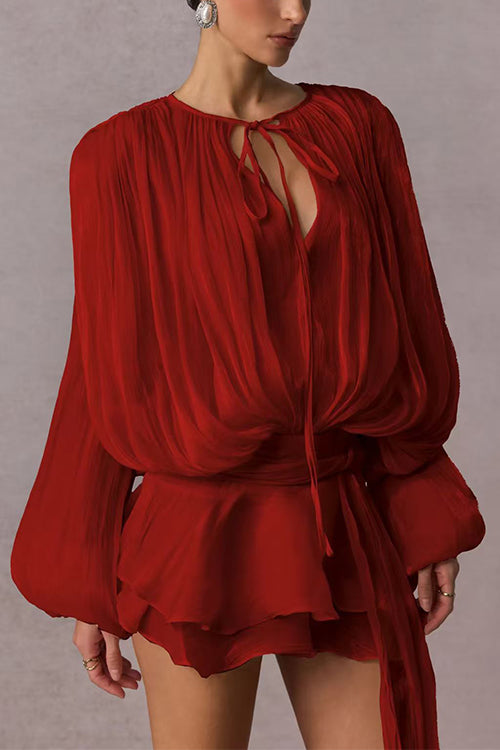 Karleedress Lantern Long Sleeves Draped Ruffle Layered Mini Dress with Shorts