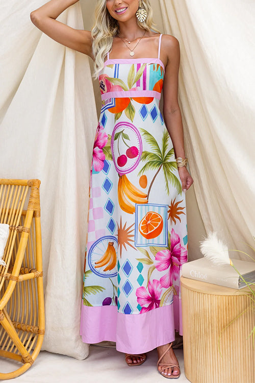 Spaghetti Strap Tropical Fruit & Floral Print A-Line Maxi Dress