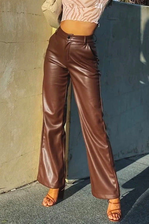 Karleedress Faux Leather Straight Leg Trousers with Pockets